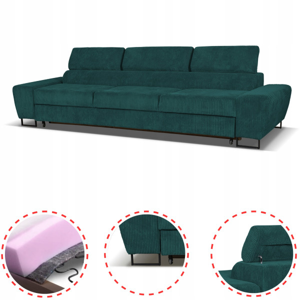 Sofa kanapa 3 os rozkładana z f. spania Savio Family meble zielony sztruks