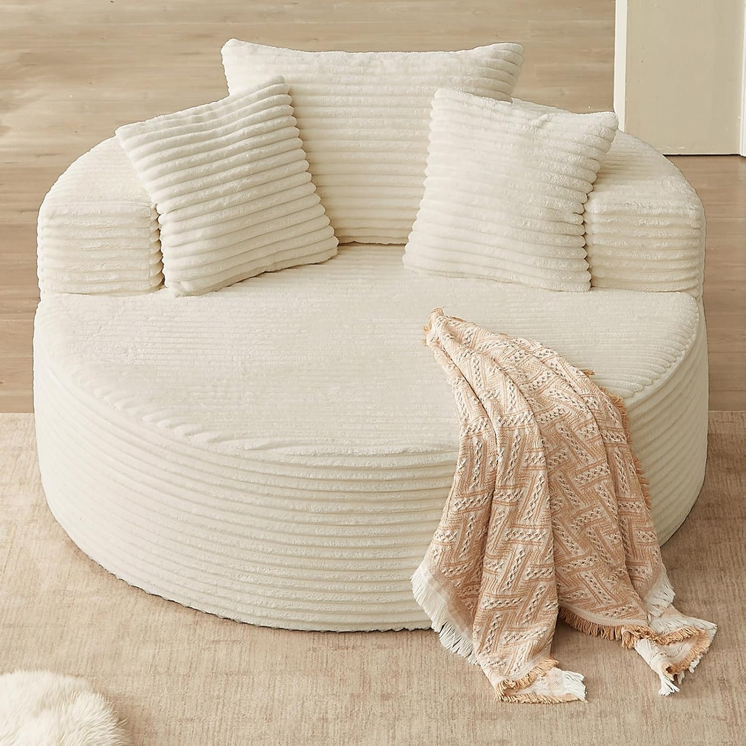 Oversized Round Chair Lounge Chaise Indoor, Upholstered Corduroy Deep Seat Cloud Large Circle Sofa Chair, No Assembly Required, Fluffy Modern Sleeper Sofa Bed for Reading, Light White