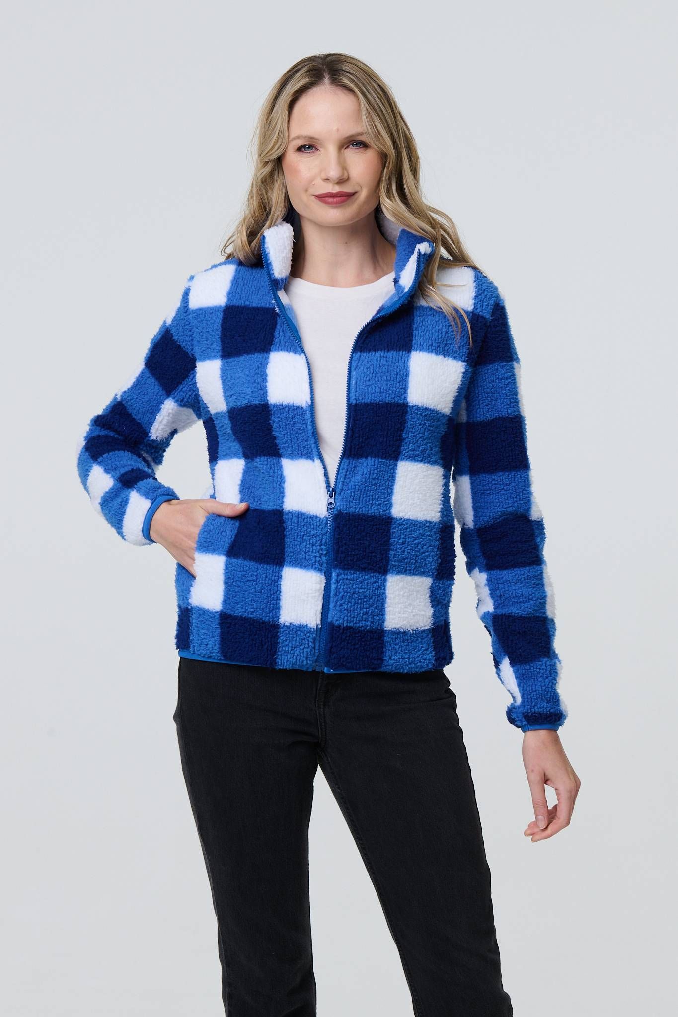 Izabel London Checked Print Teddy Fur Zip Front Jacket
