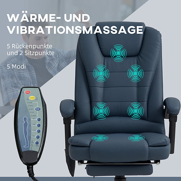 Fauteuil de Bureau Ergonomique avec Massage Vibrant, Repose-Pieds Réglable - PU Bleu, 67x67x121 cm
