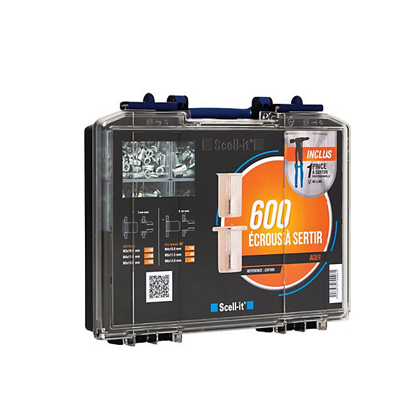 Coffret SCELL-IT COF360 - 1 pince E-360NH M3-M6   600 écrous à sertir, têtes plates et réduites