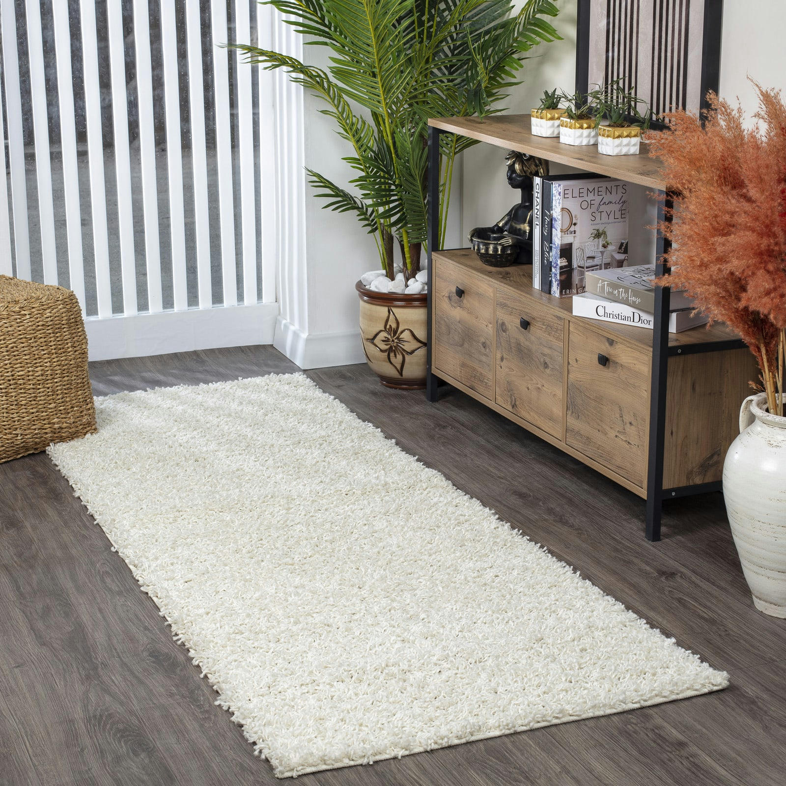 LILLY - Tapis de Couloir Shaggy Uni Chic Blanc 80x220