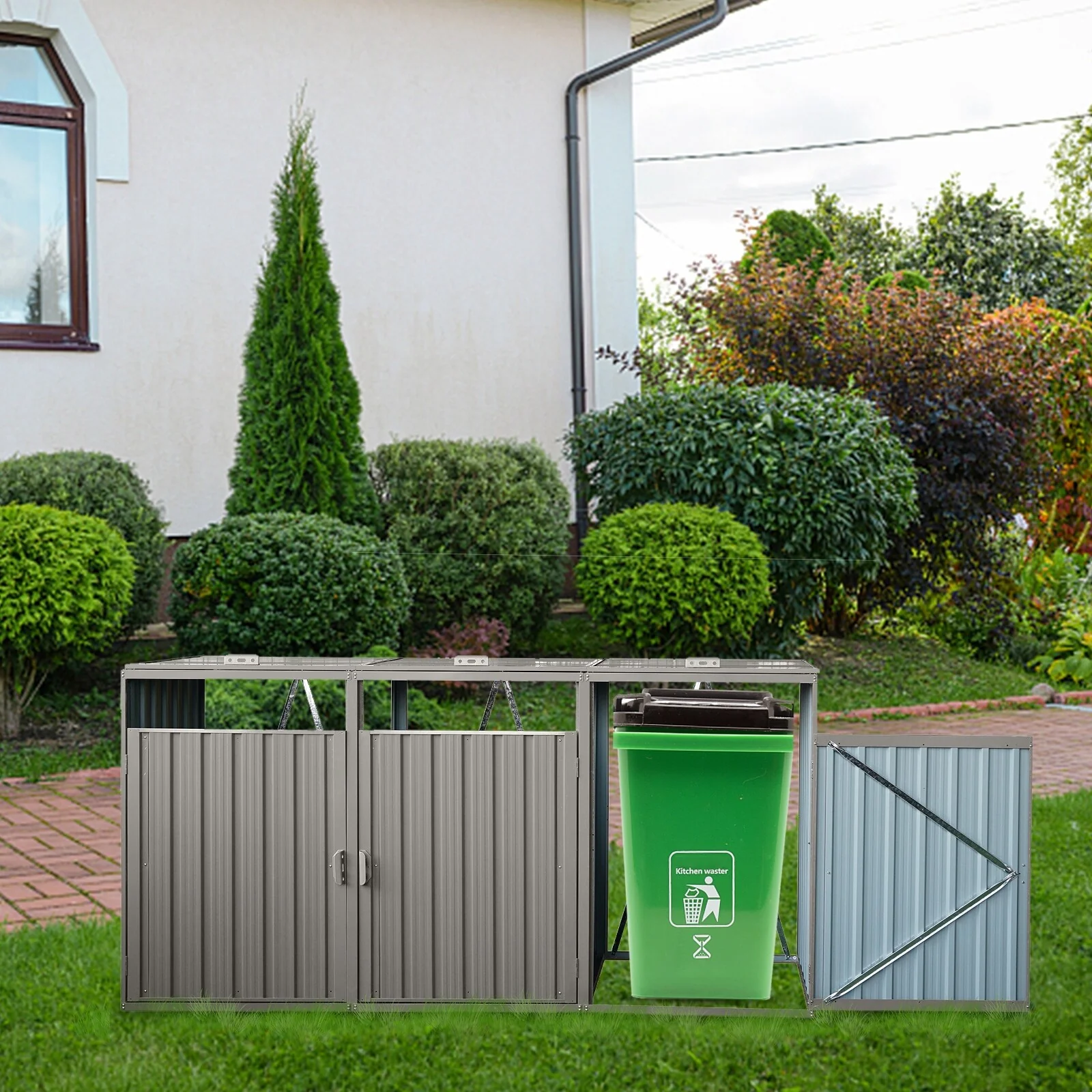 Anti-rust Galvanized Steel Garbage Can Storage Shed Lockable Bin Shed with Hydraulic Lid & Front Three Doors
