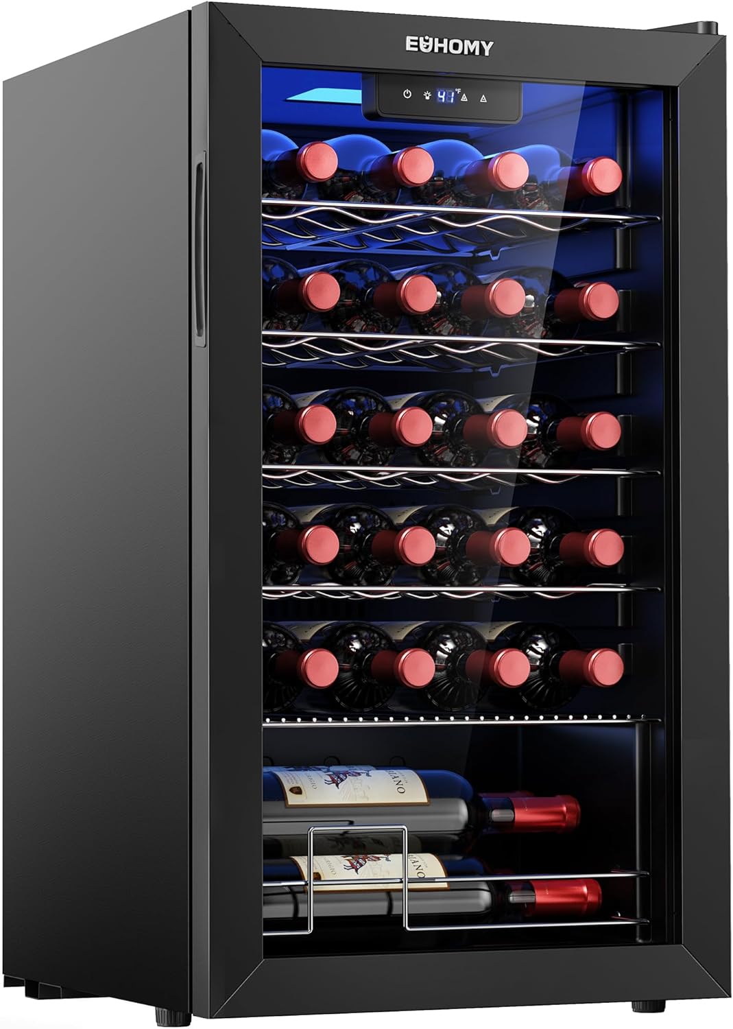 EUHOMY 25 bottle Wine Cooler Refrigerator, Freestanding Compressor Wine Fridge with Adjustable Temperature and Digital Control, Mini Fridge with Glass Door for Red White Wine, Beer, Black