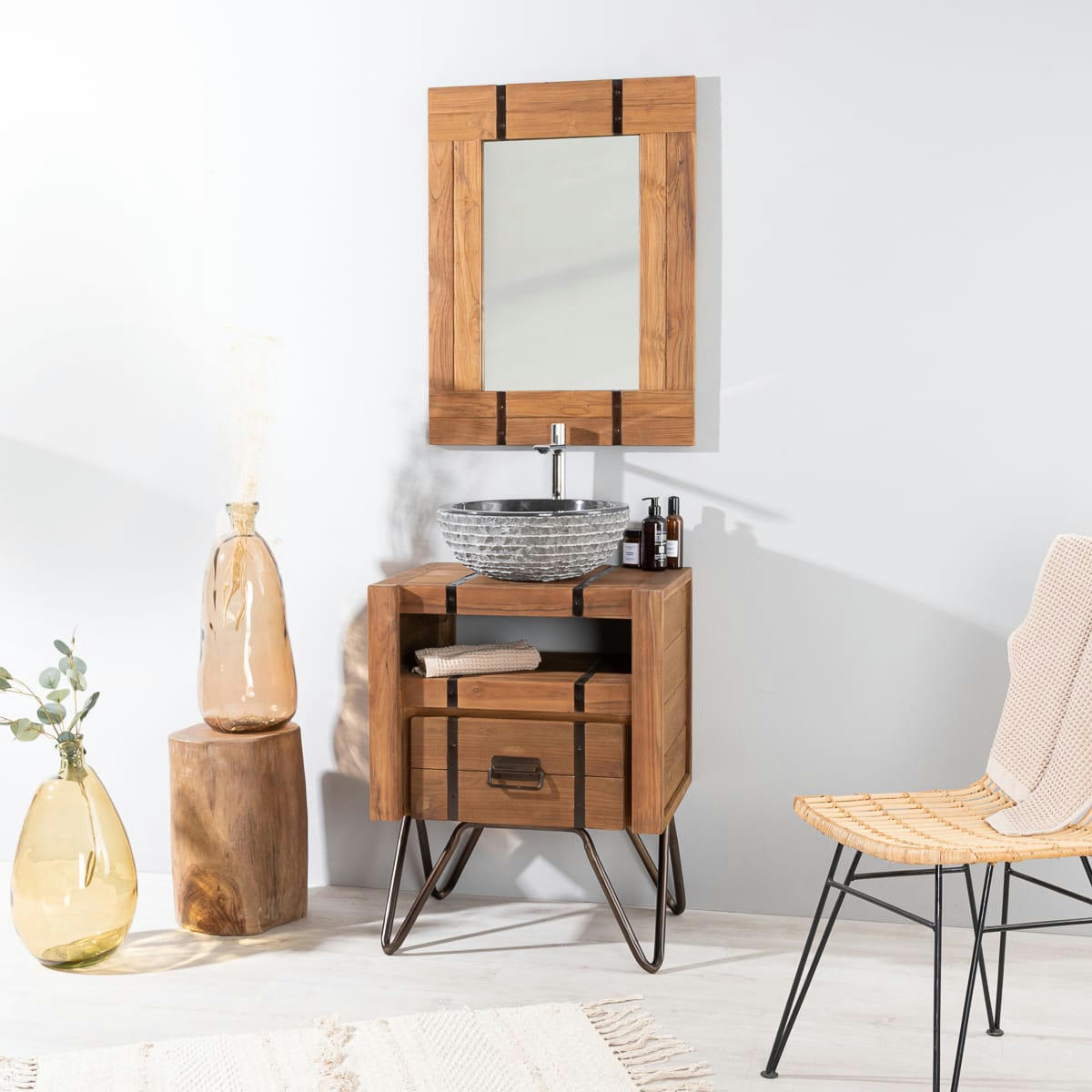 - Meuble de salle de bain en mindi et métal L60cm