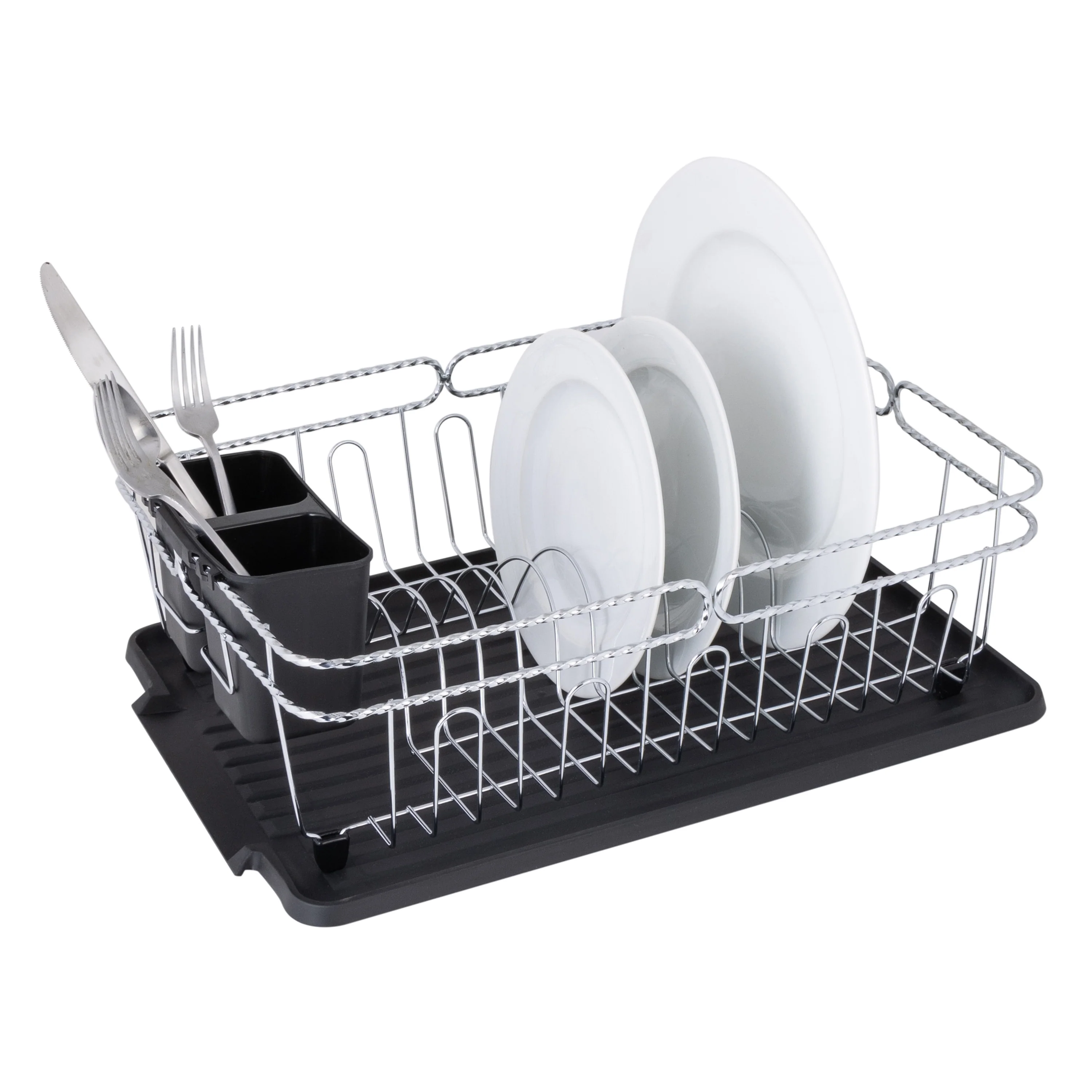 Kitchen Details Twisted Chrome 3 Piece Dish Rack in Black - 16.5 x 12.5 x 5.5
