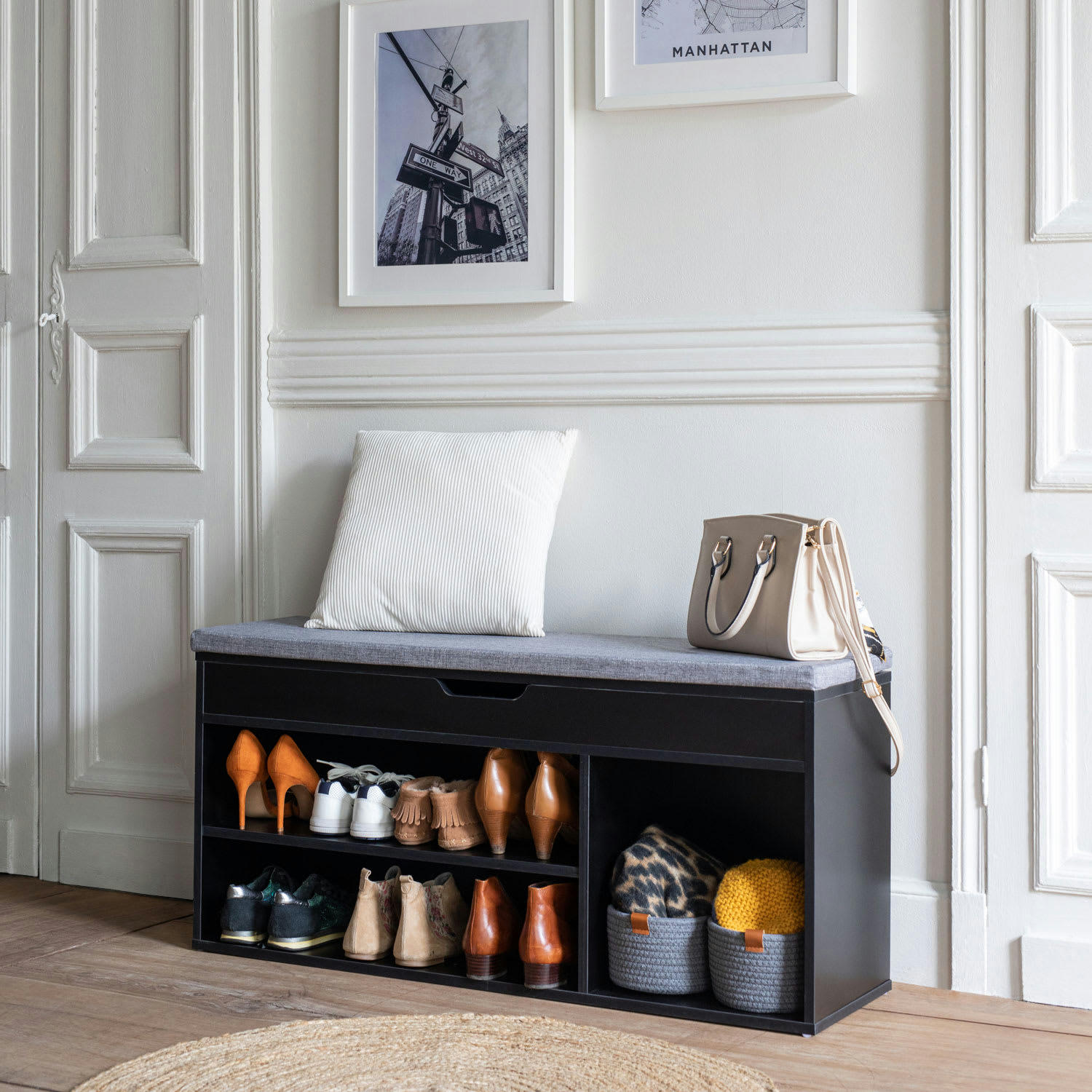 ALAN - Meuble à chaussures trois casiers avec coffre noir