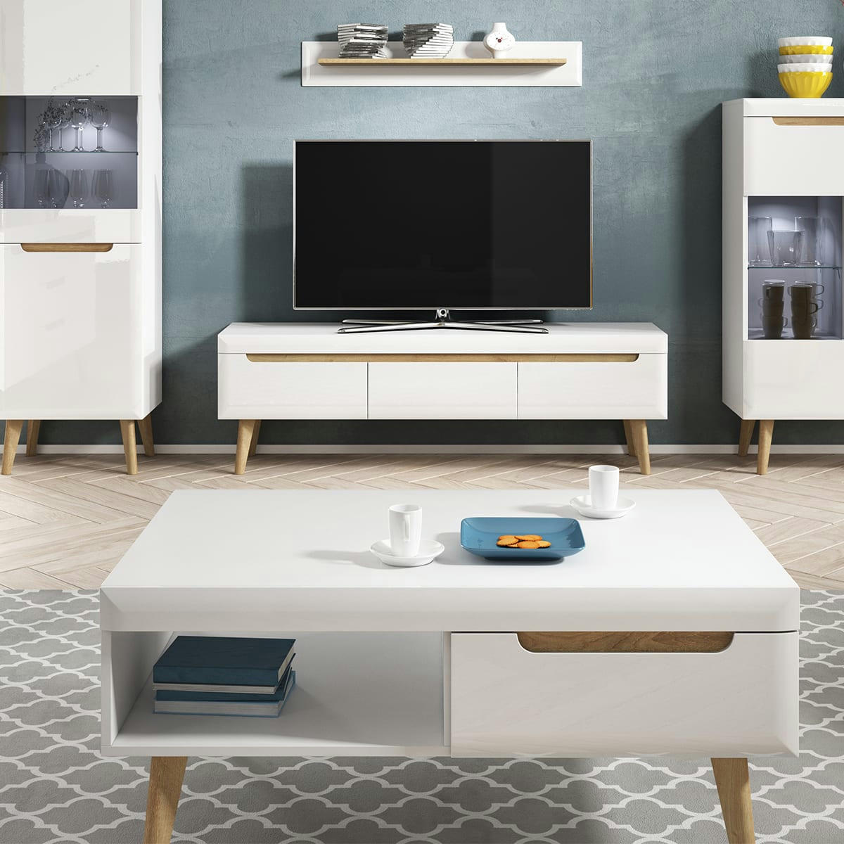 - Table basse 1 tiroir blanche et naturelle