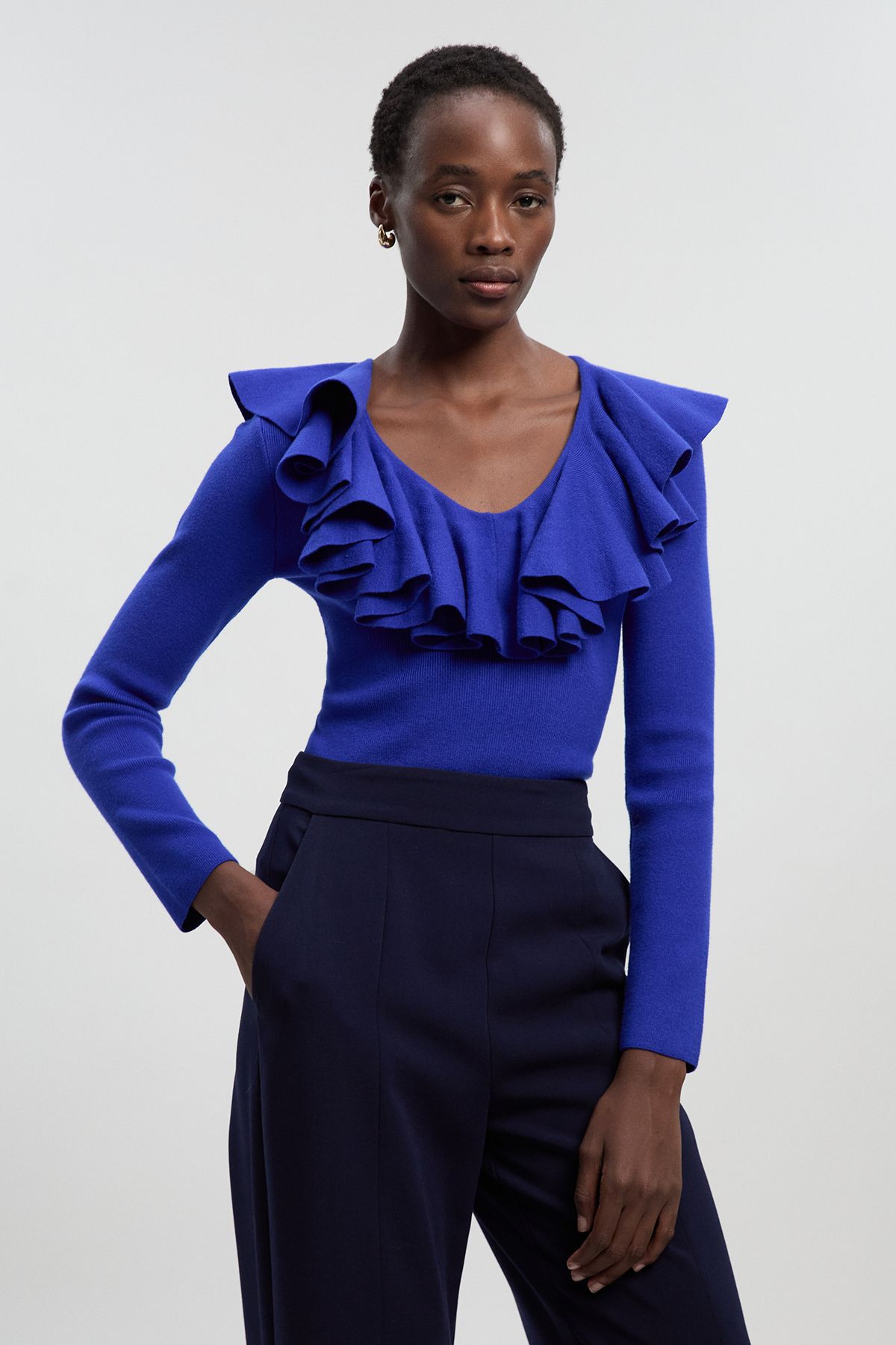 KarenMillen Compact Wool Look Ruffle V Neck Knit Top