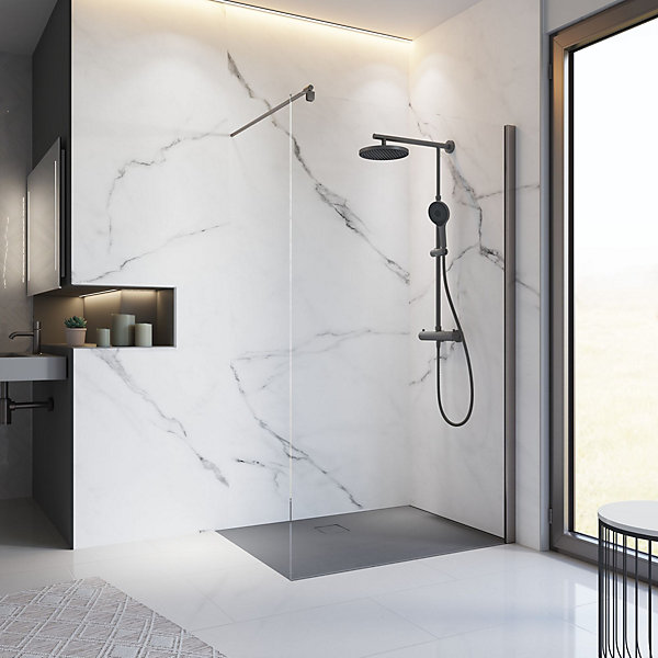 Colonne de douche thermostatique avec pommeau   douchette   flexible   barre réglable, coloris gun metal, Schulte Rain
