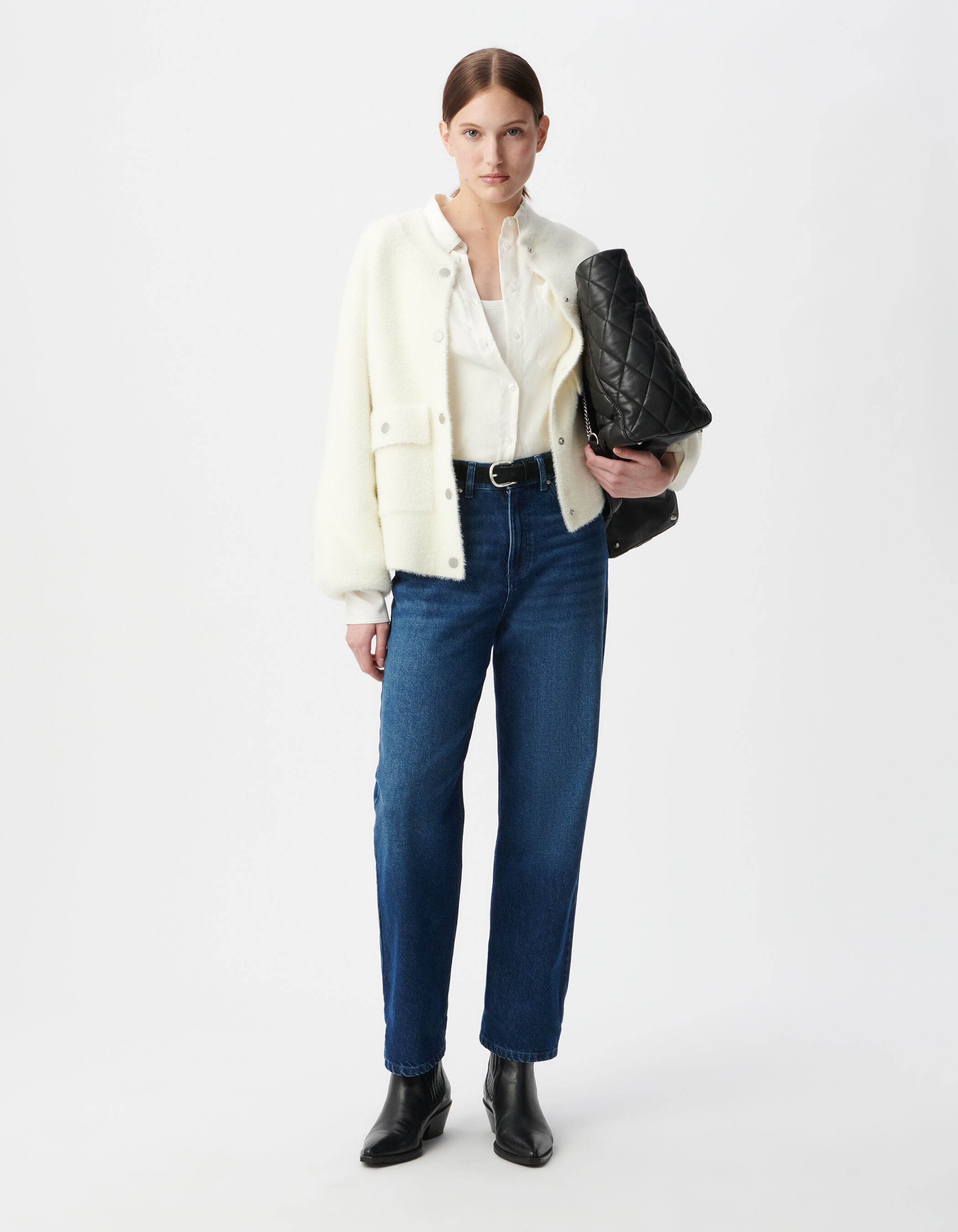 Cardigan blanc tricot duveteux poches à rabat pressionné Femme