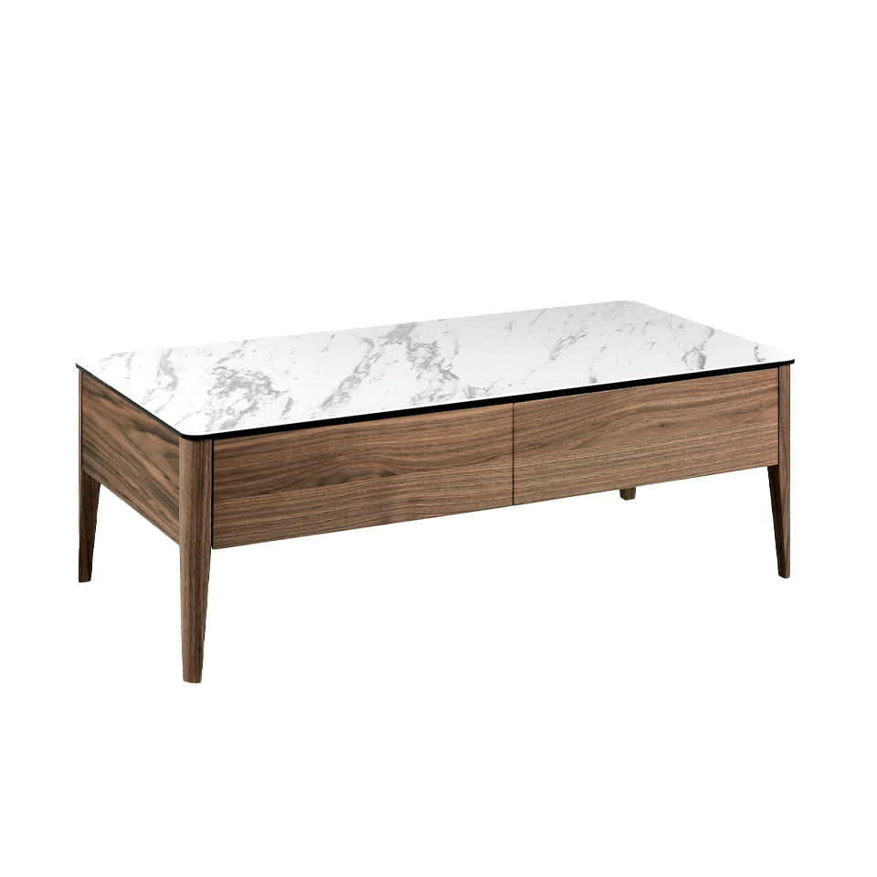 - Table basse en porcelaine blanc et effet bois noyer