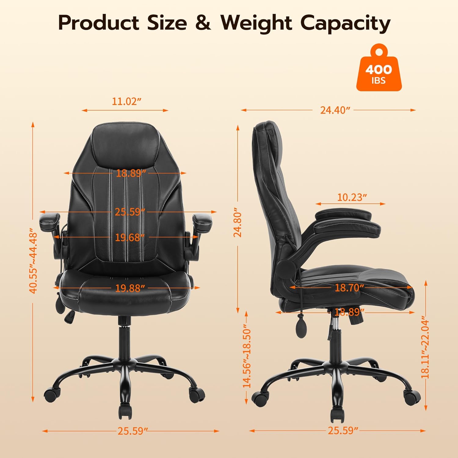 Office Desk Chair, Ergonomic Computer Chair with Padded Flip-Up Arms and Adjustable Lumbar Support, PU Leather Executive Chair with Tilt Lock and 360° Swivel Rolling Wheels for Work, Study