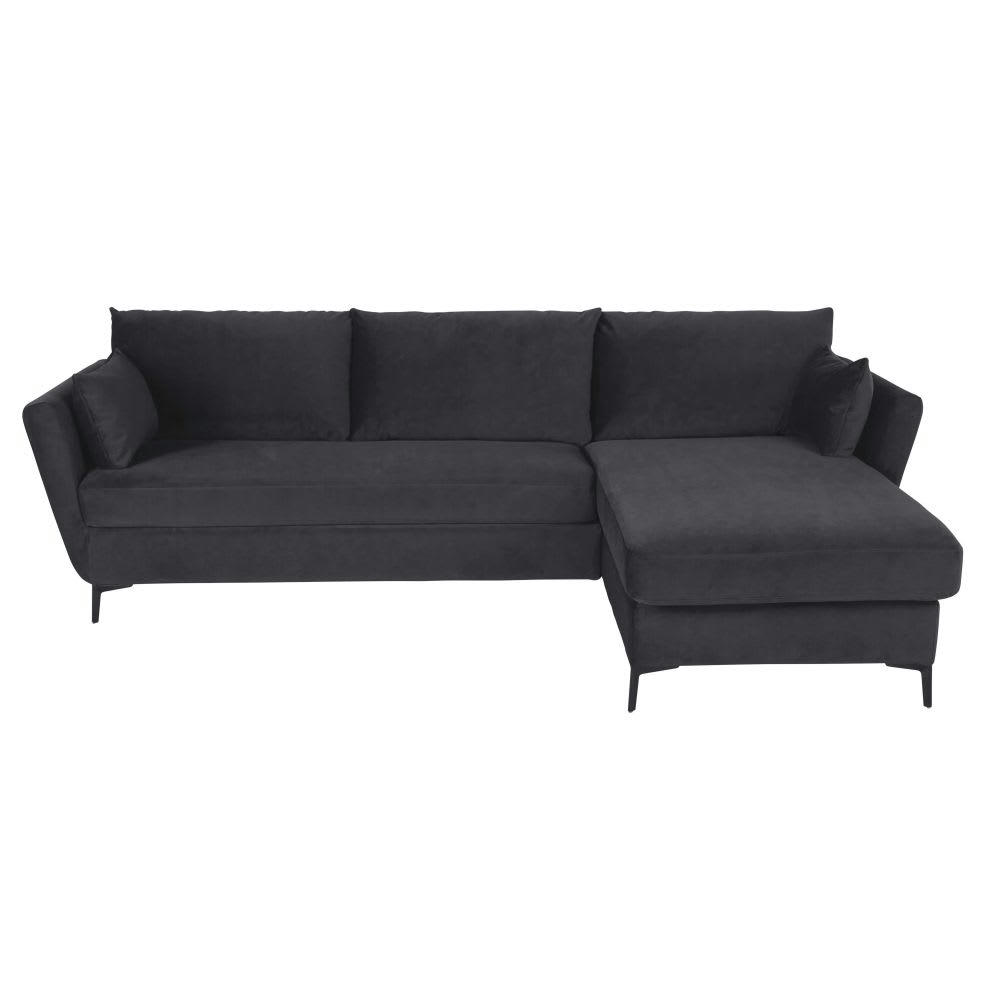 Prague - Canapé d'angle droit convertible 2/3 places en velours gris anthracite, matelas 10 cm