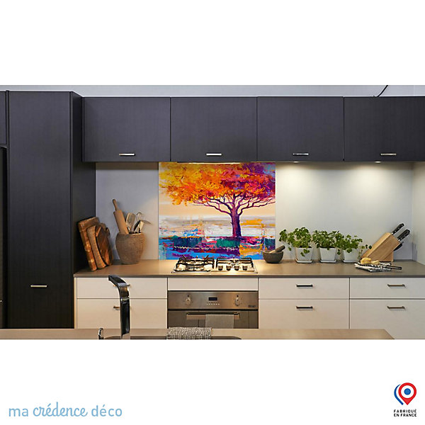 Crédence cuisine fond de hotte Arbre coloré - Verre trempé - L 90 cm x H 60 cm - MaCrédenceDéco