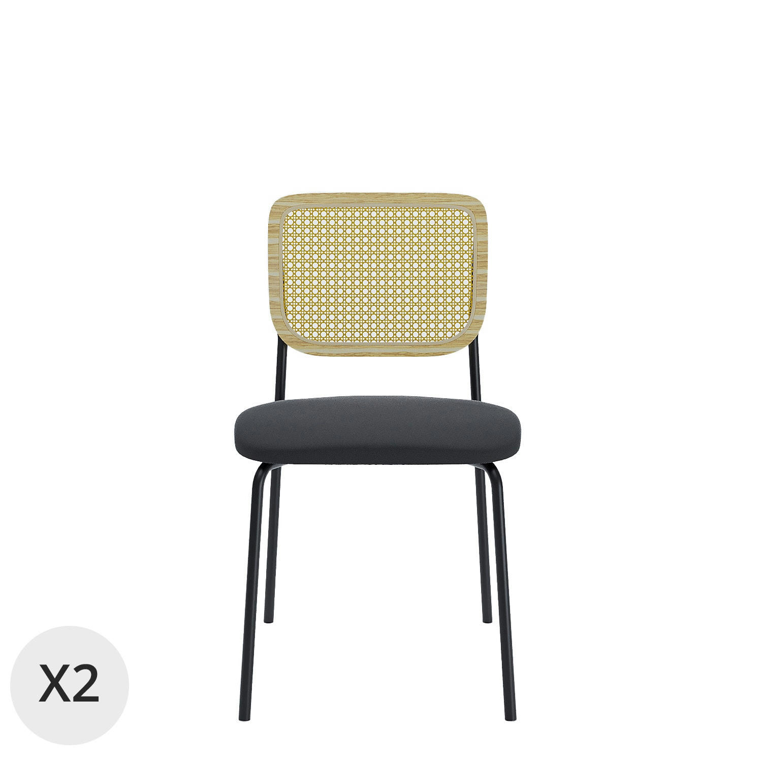 JUNA - Lot de 2 chaises en rotin et velours noir