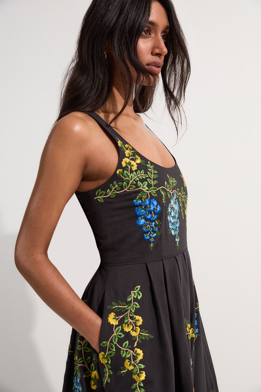 KarenMillen Petite Floral Embroidered Cotton Linen Woven Prom Dress
