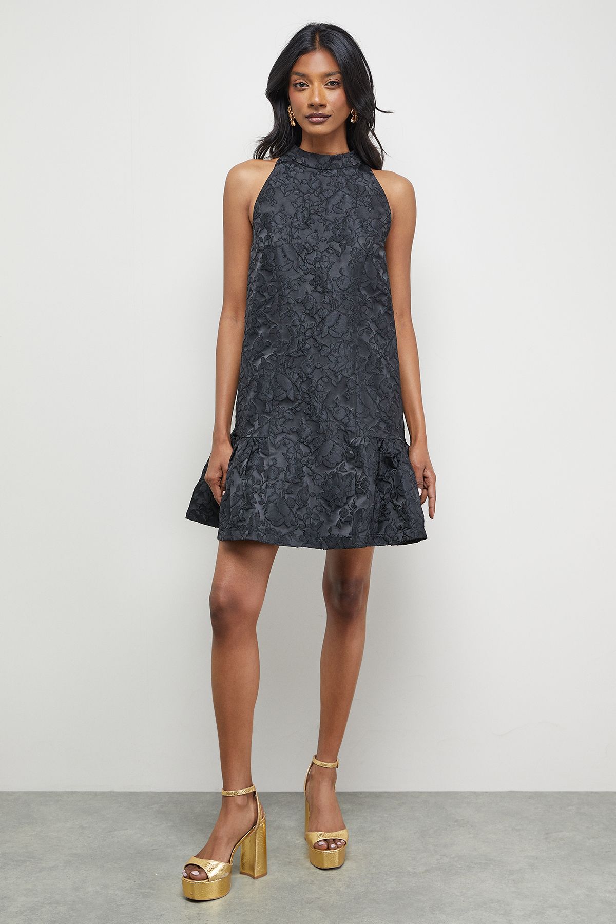 Warehouse Jacquard High Neck Drop Hem Mini Dress