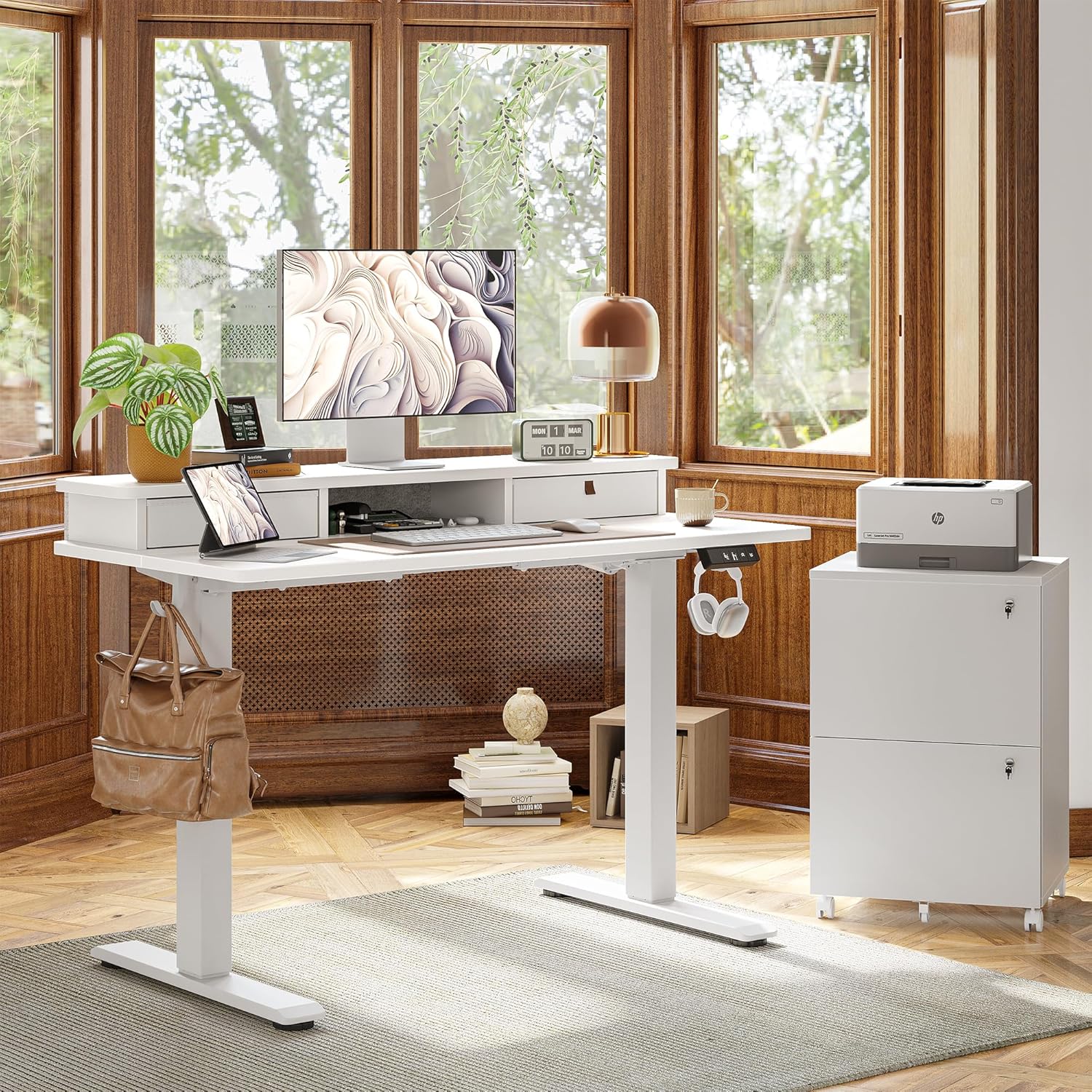 TIQLAB Standing Desk with Two Drawers, Stand Up Standing Desk Adjustable Height, Electric Sit Stand Table with Storage Shelf and Splice Board, 55 * 24 inch, White