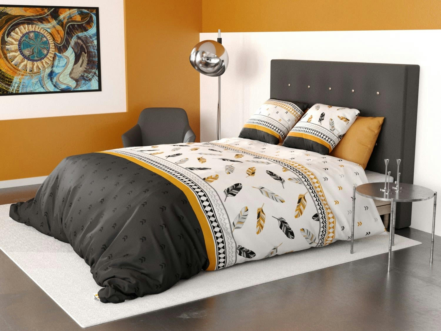 PLUMES - Parure housse de couette coton gris 240x260 cm