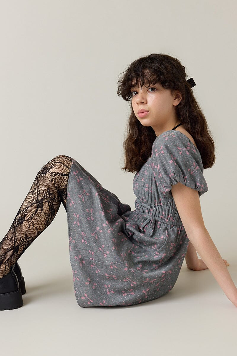 Hello Franki Puff Sleeve Bow Print Peasant Dress for girls