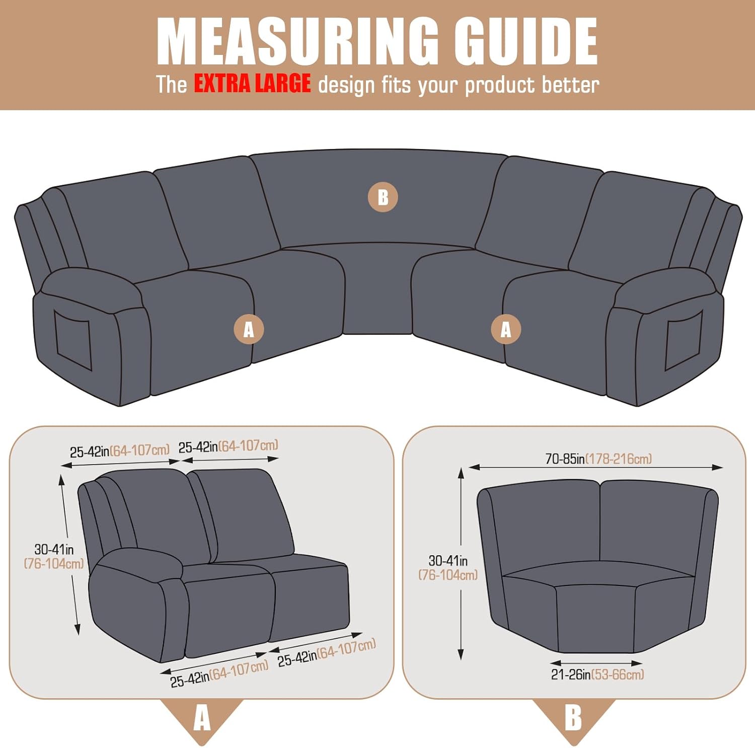 VANSOFY Extra Large Reclining Sectional Couch Covers, Washable 5-Piece Sofa Covers for L Shape Sectional Sofa Corner Seater, Thick, Soft Sofa Slipcovers (5 Seat Recliner Cover, Chocolate)