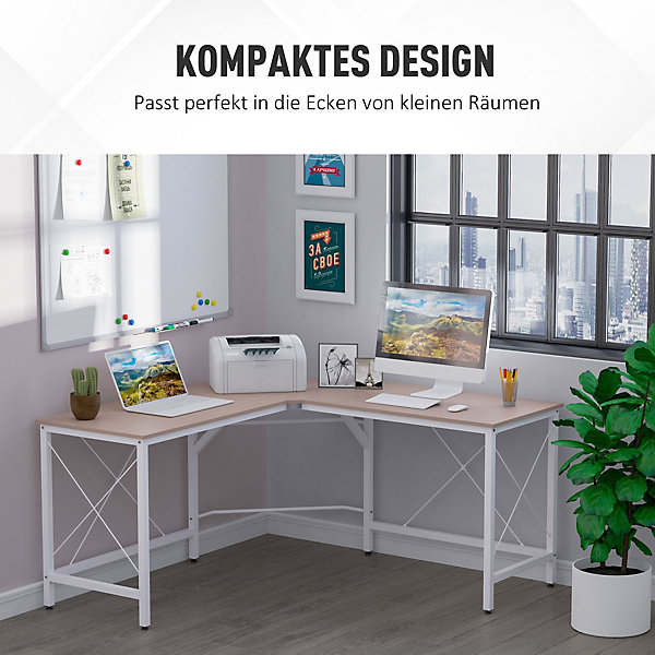 Bureau d'angle - Bureau Informatique pour Home Office avec Grande Surface et Rangement - MDF / Métal, Naturel, 150 x 150 x 76 cm