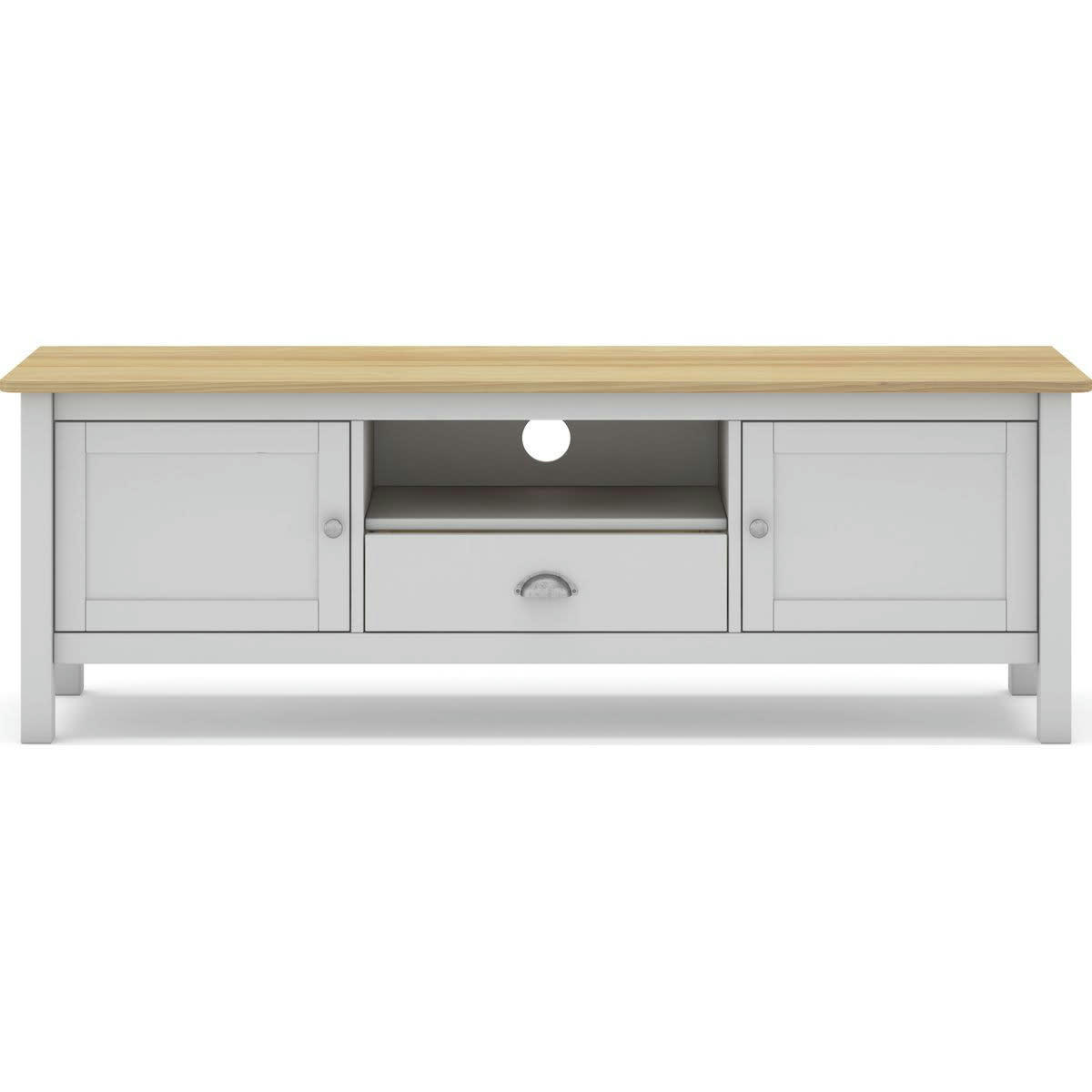 MACHA - Meuble TV 2 portes 1 tiroir en pin massif blanc / effet chêne 158 cm