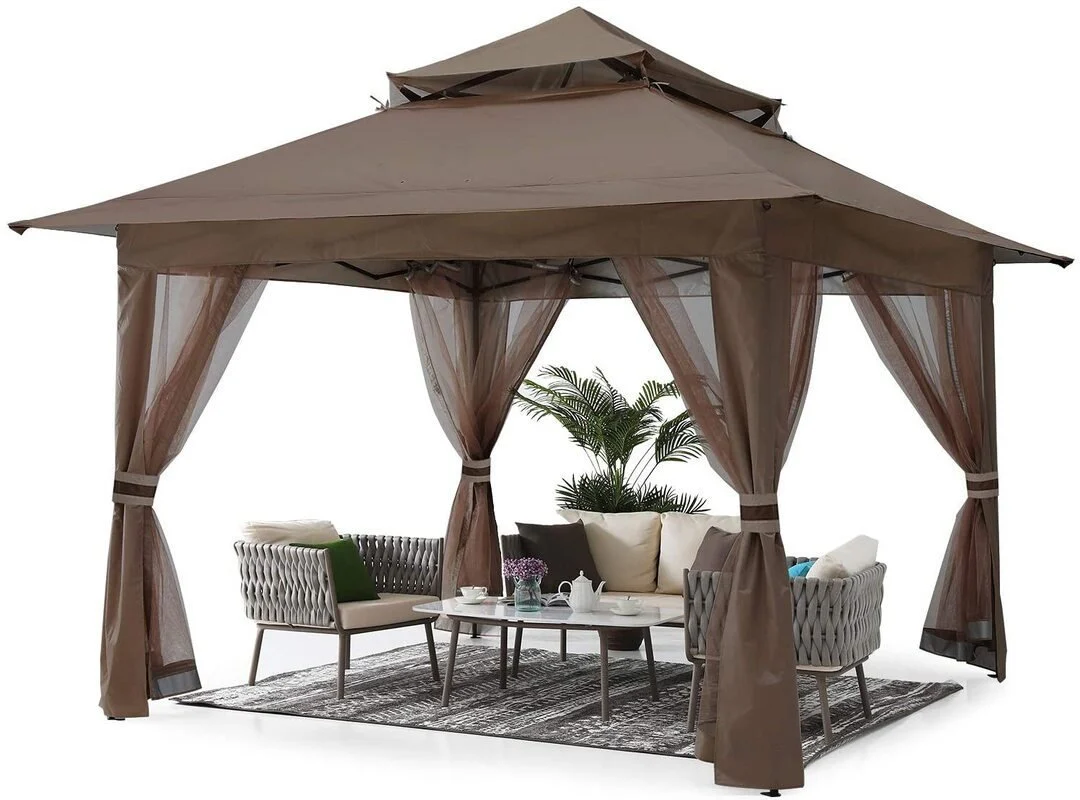 13x13 Gazebo Tent Outdoor Pop up Gazebo Canopy Shelter with Mosquito Netting(Brown)