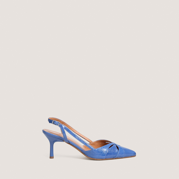 Escarpins slingbacks à bouts pointusen vernis plissé bleu acier | DAMOUR