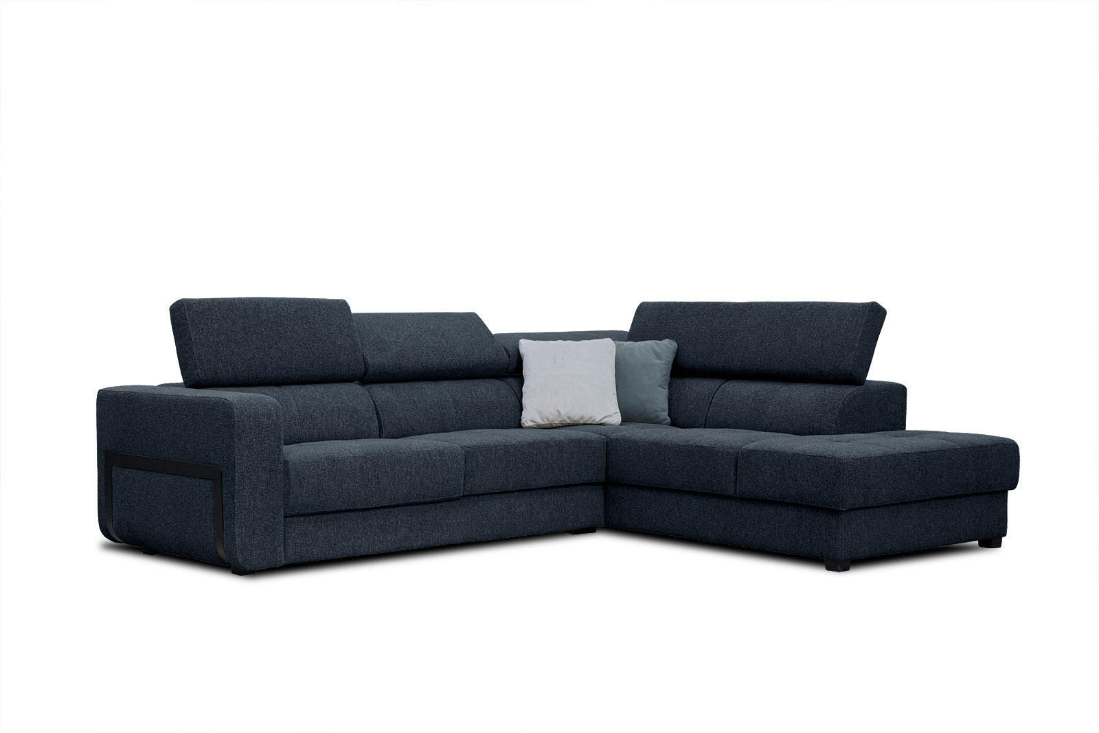 BERGO - Canapé d'angle droit 5 places en tissu bleu foncé avec coussins déco