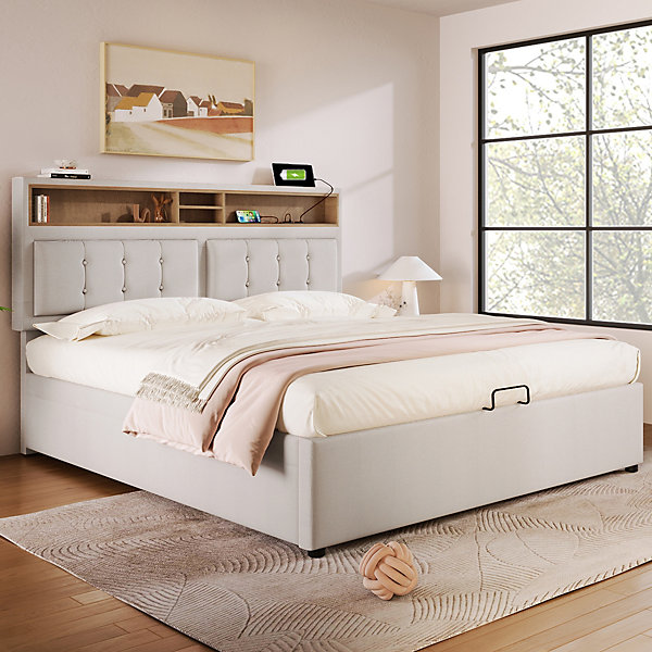 Lit coffre 160x200 cm - Lit double rembourré - Bois massif - Sans Matelas - Beige