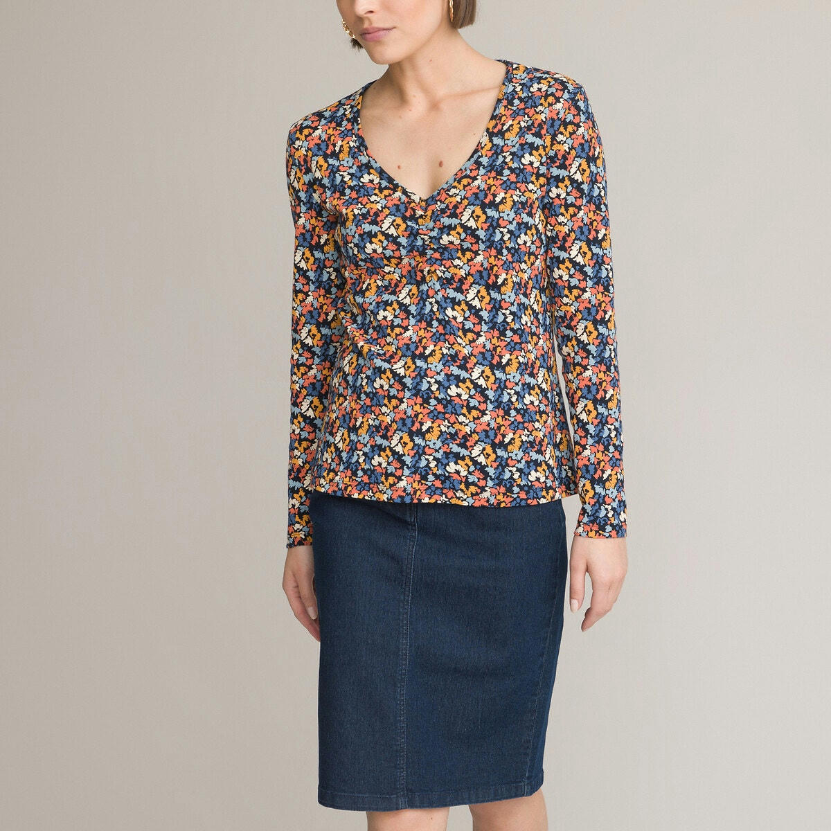 T-shirt col rond, manches longues, imprimé floral