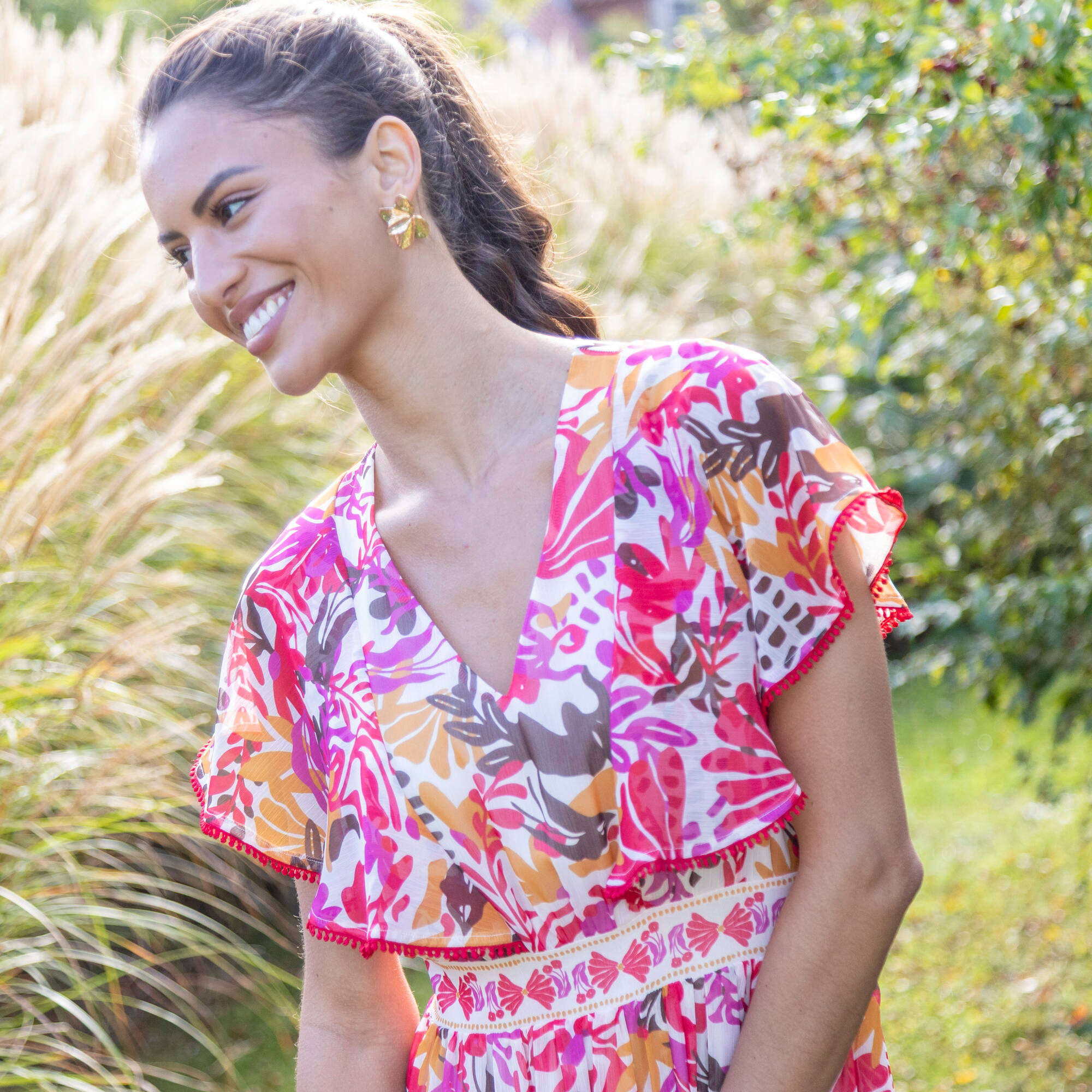 Robe longue manches volantées, imprimé multicolore