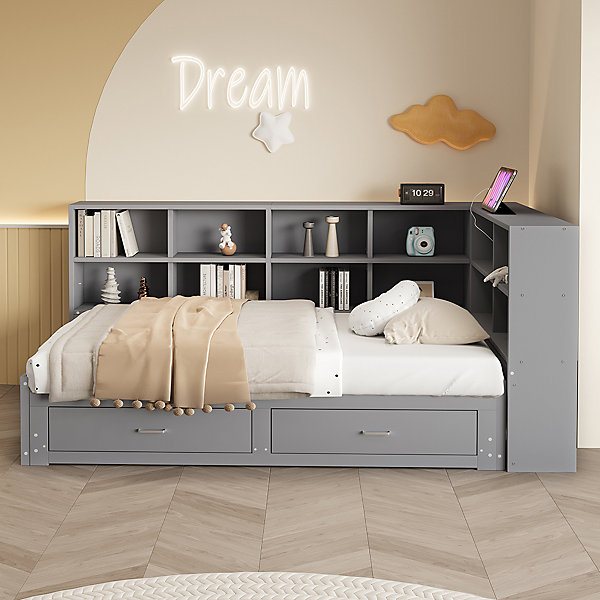 Canapé-lit bois 90/180x190cm, rangement, prise Euro, tiroirs, gris