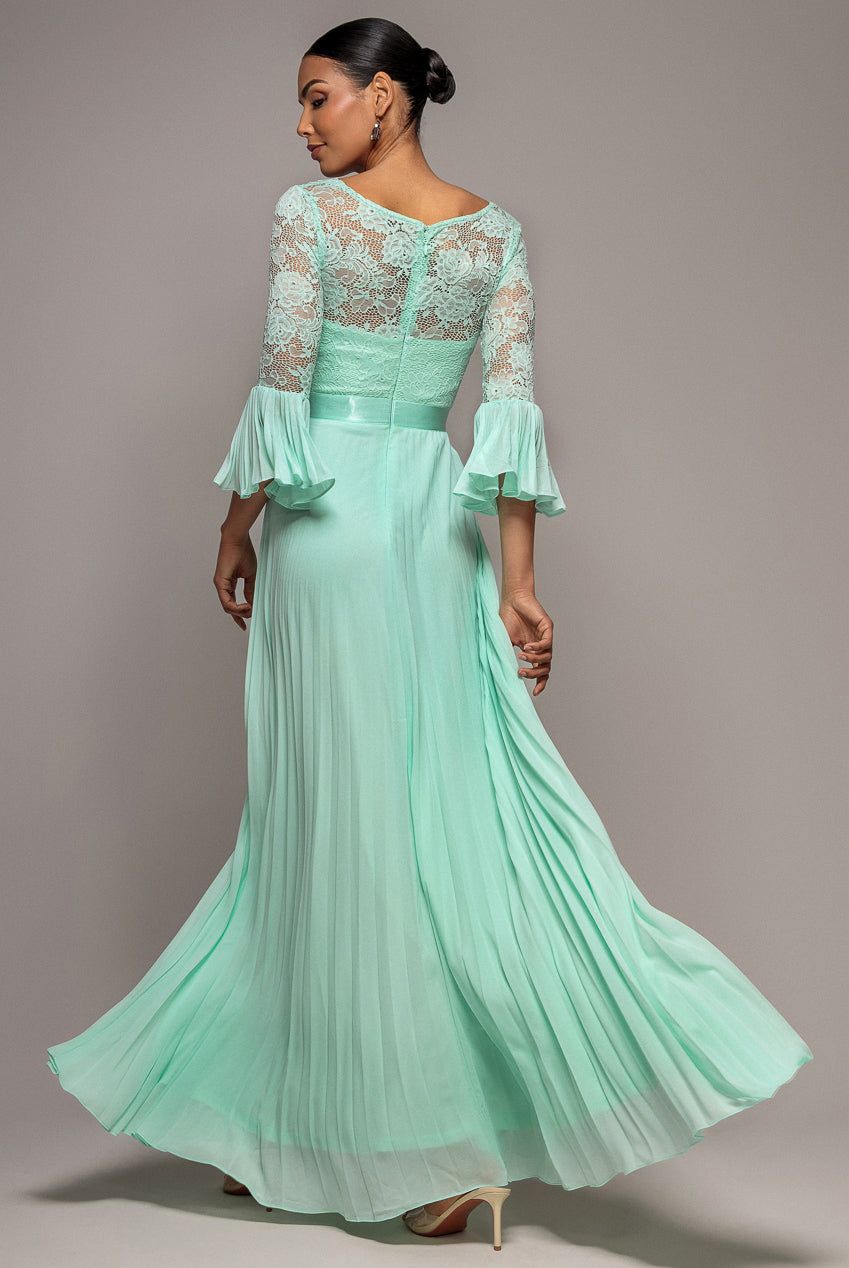 Goddiva Scalloped Lace Bodice Pleated Chiffon A Line Maxi Dress