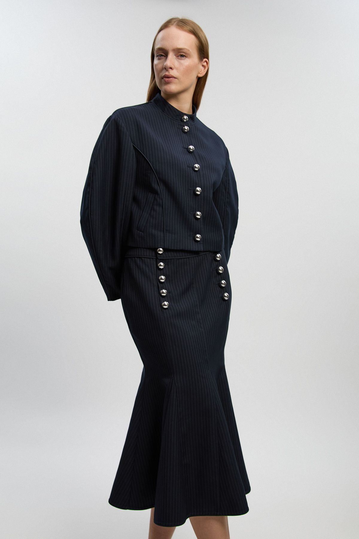 KarenMillen Tailored Pinstripe Godet Midi Skirt
