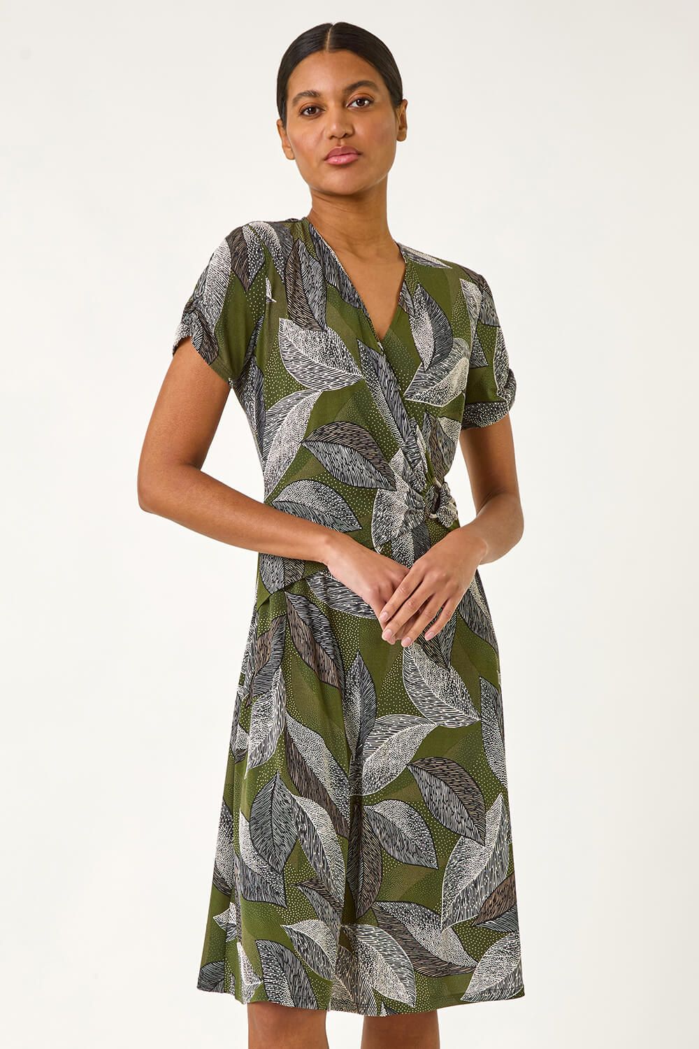 Roman Leaf Print Ring Detail Midi Dress