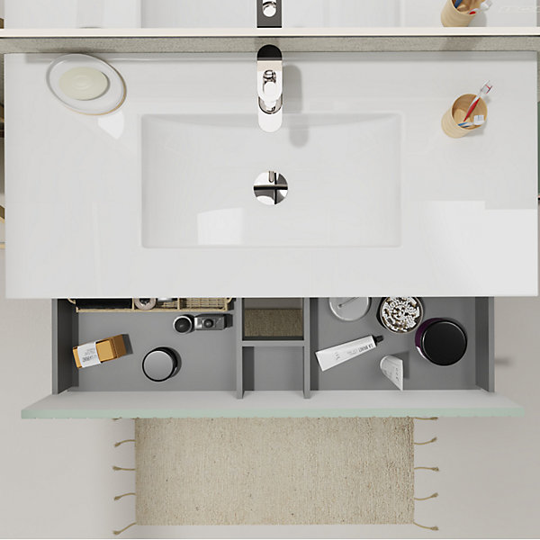 Meuble salle de bain strié 100 cm - Plan vasque céramique - Vert mat - A suspendre - Karaib 2