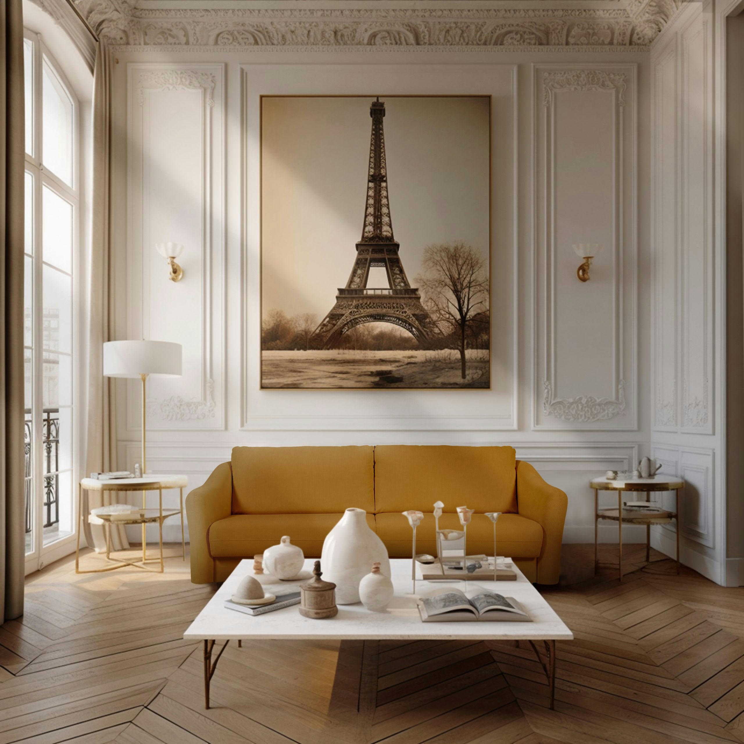 CHARDONNAY - Canapé droit convertible 3 places en velours côtelé jaune