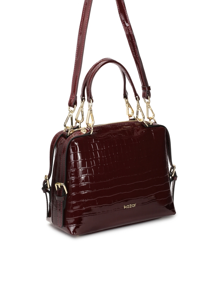 Maroon embossed patent leather handbag