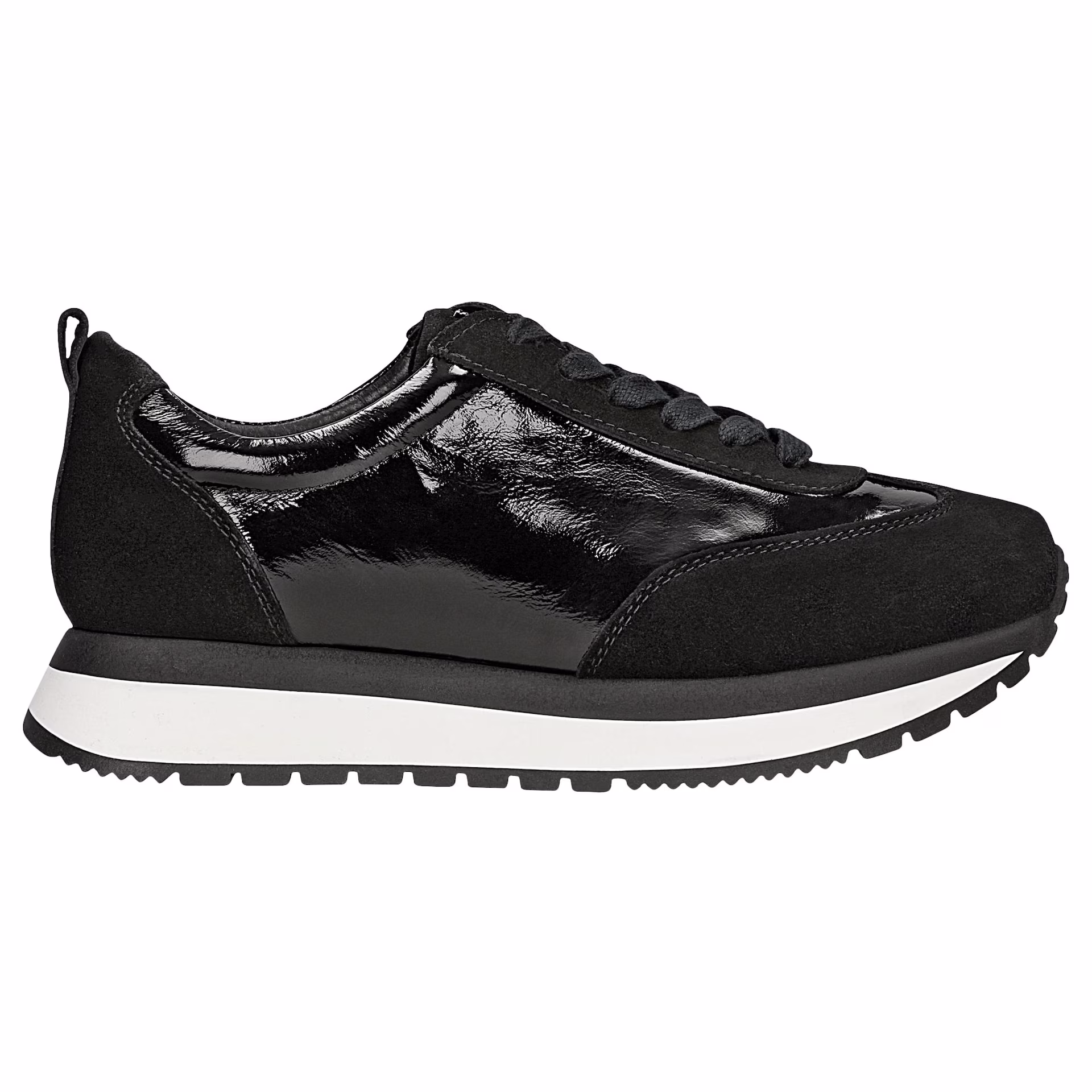 Czarne sneakersy damskie z lakierowanej skóry i wstawkami z dwoiny welurowej