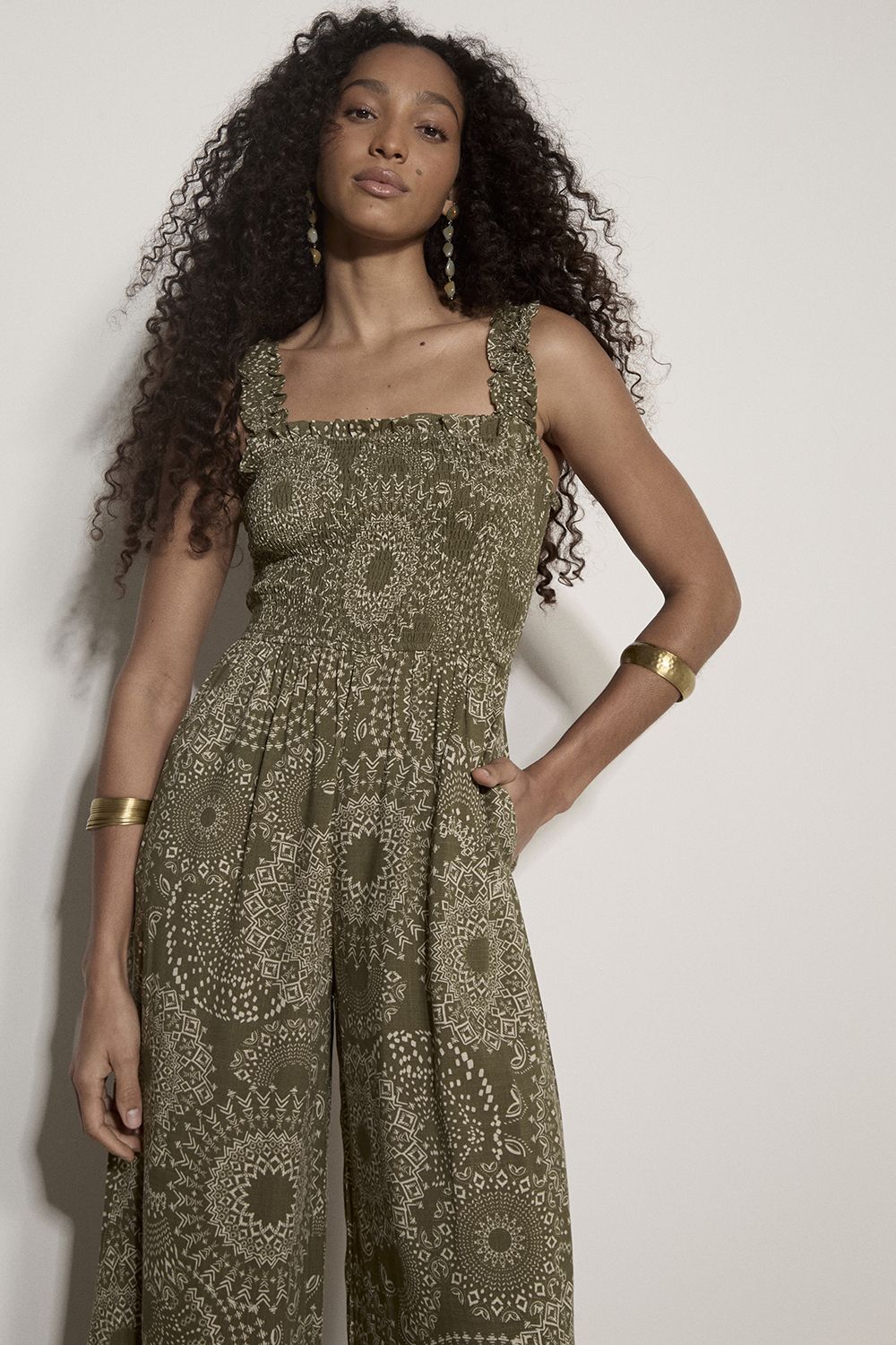 Apricot Kaleidoscope Shirred Wide-Leg Jumpsuit
