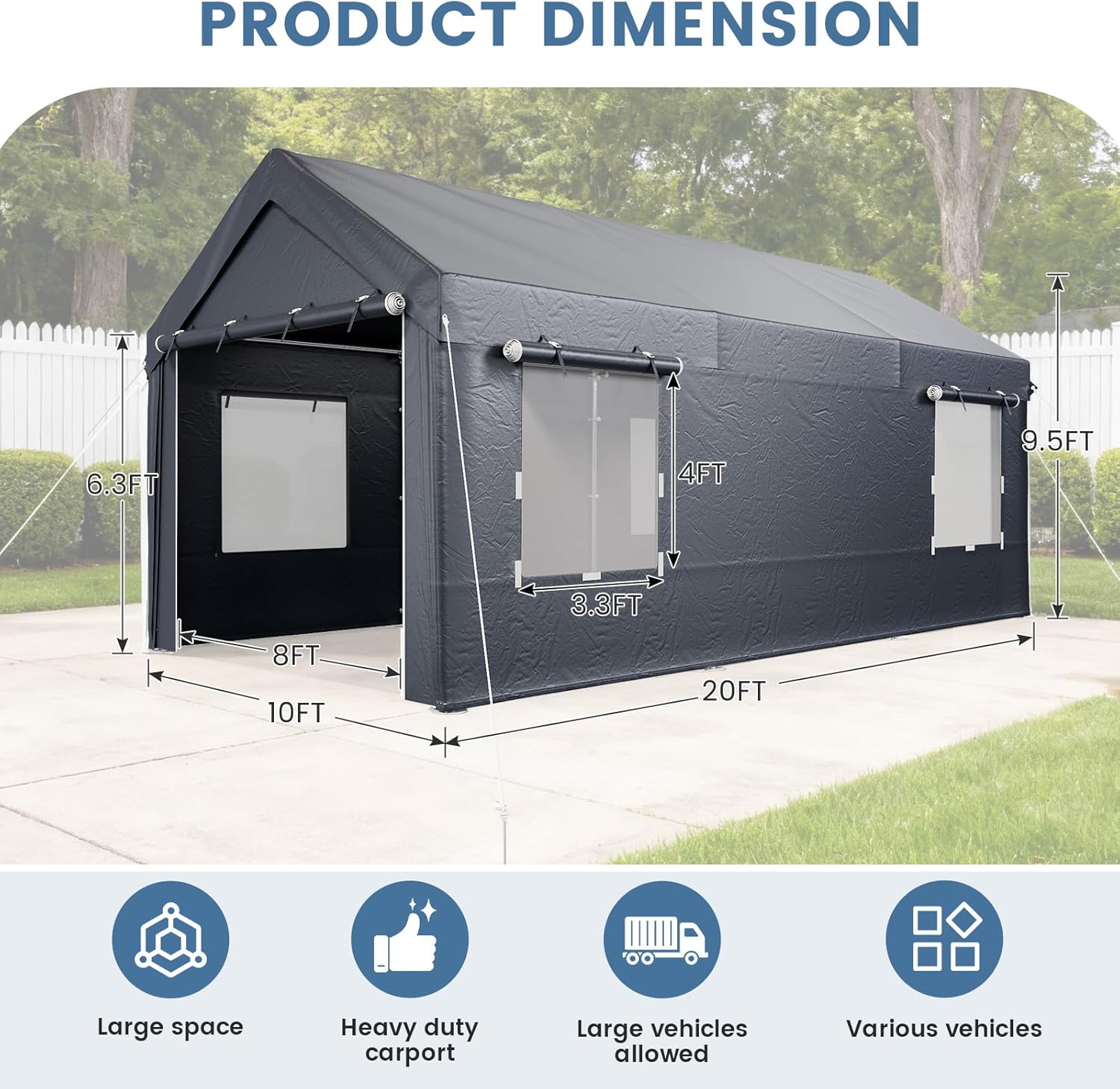 EROMMY Carport, 10x20 Ft Heavy Duty Carport with Roll-up Windows，Portable Garage with Removable Sidewalls, Car Canopy with All-Season Tarp and Sandbags for Truck, Tractor, Boat, Grey
