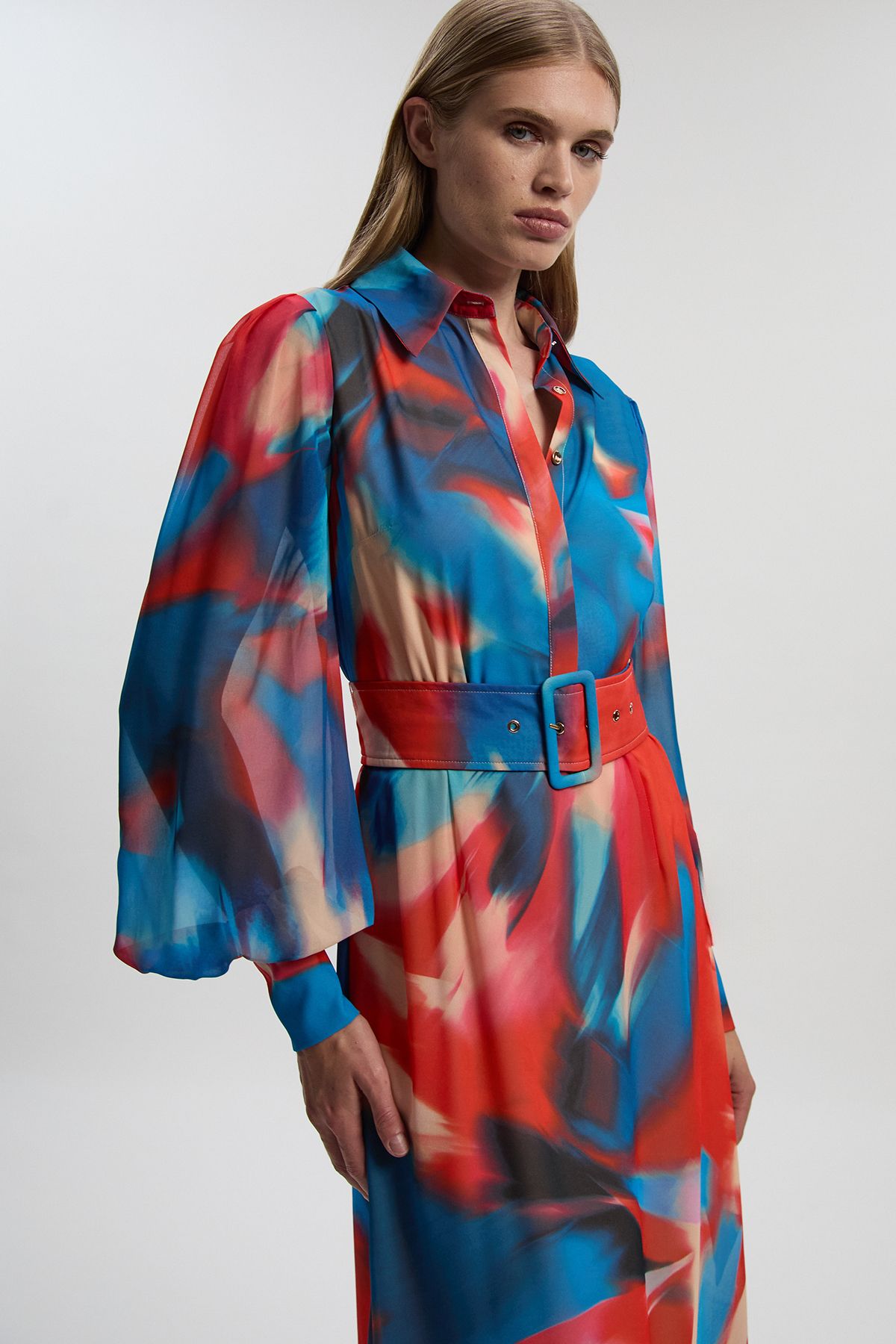 KarenMillen Georgette Belted Blur Print Woven Shirt Dress