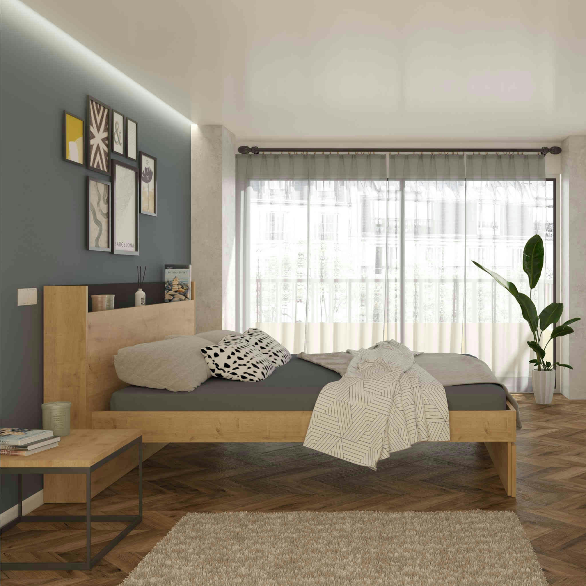 - Lit avec tête de lit en bois imitation chêne 160x200 cm