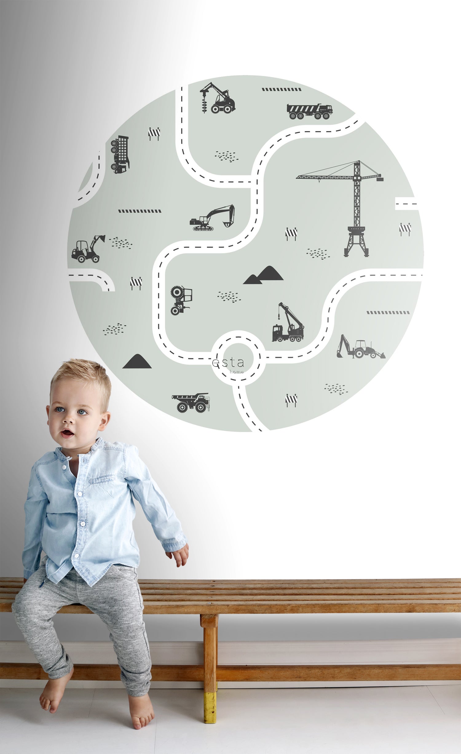 ESTAhome zelfklevende behangcirkel voertuigen vergrijsd mintgroen - Ø 70 cm - 159066