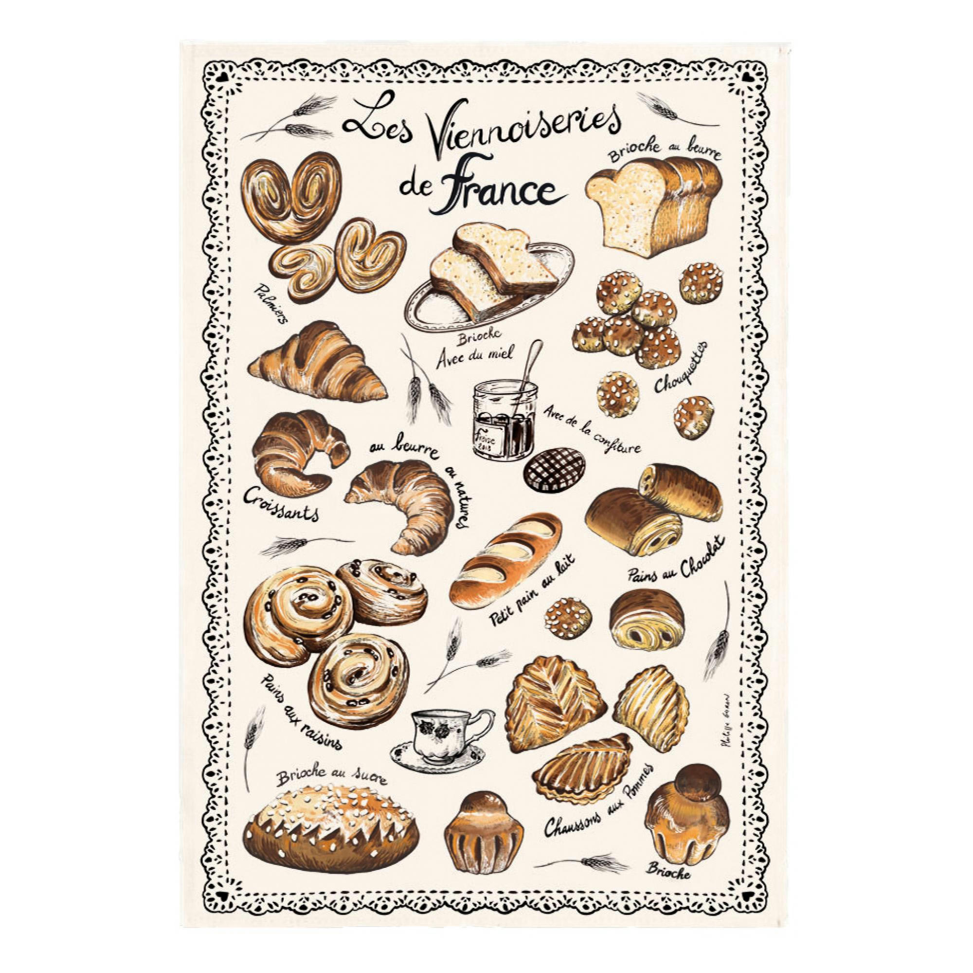 GASTRONOMIE ET VIN - Torchon les viennoiseries françaises en coton ecru 48 x 72