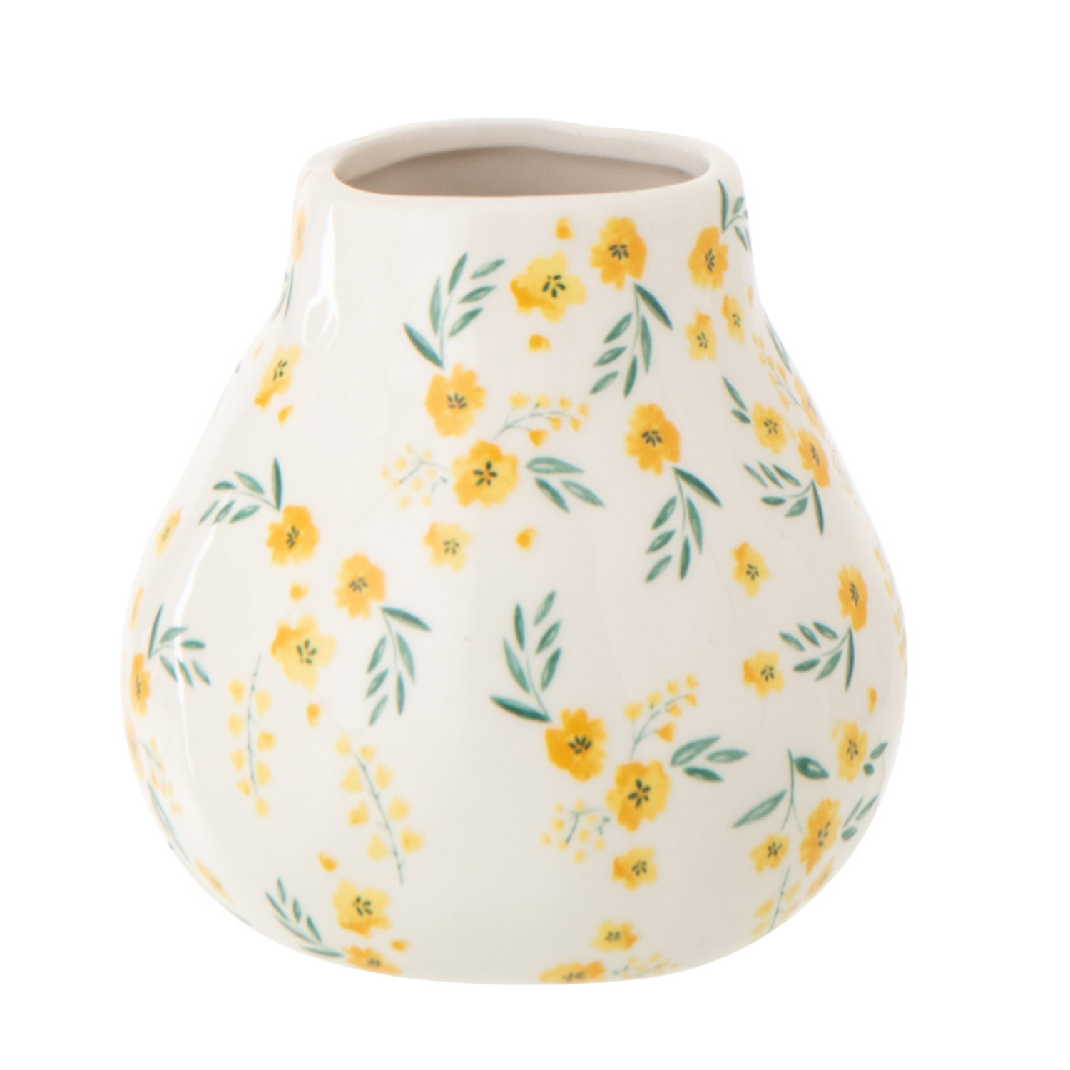 J-Line vaas Bloemen Dolomiet - keramiek - wit/lichtgeel - 2 stuks