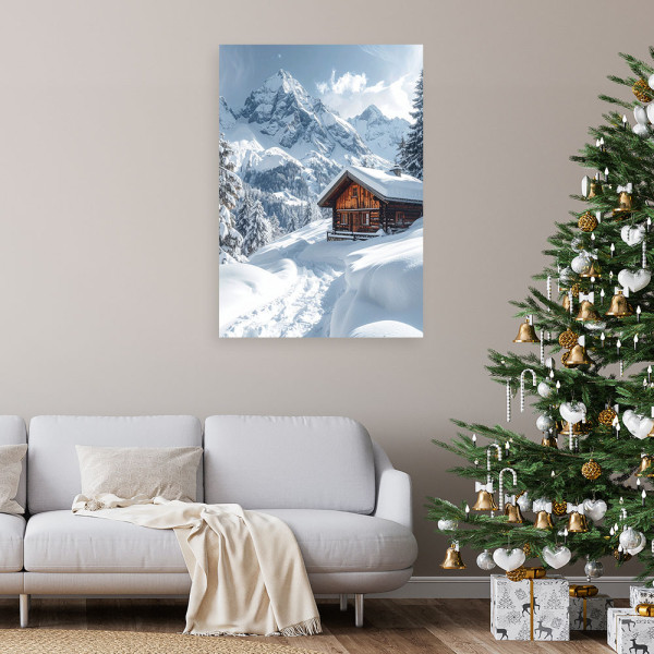 Obraz do salonu jadalni biura kuchni, Pejzaż zima górskie chaty las 20x30
